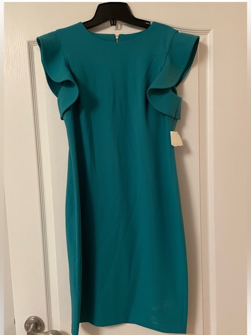Elegant Calvin Klein Teal Ruffle Sleeve Midi Dress Size 10